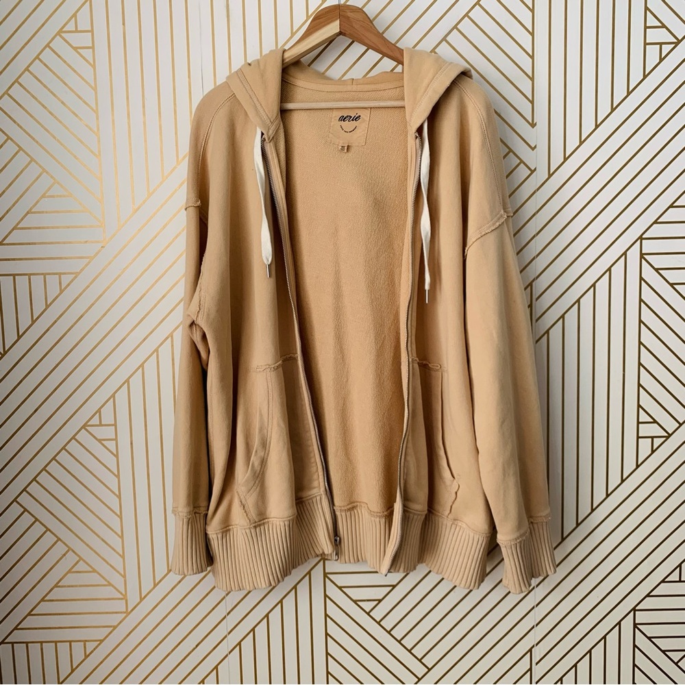 Aerie Down to Earth Ribbed Oversized Zip up Hoodie Butter Yellow Cotton Blend L